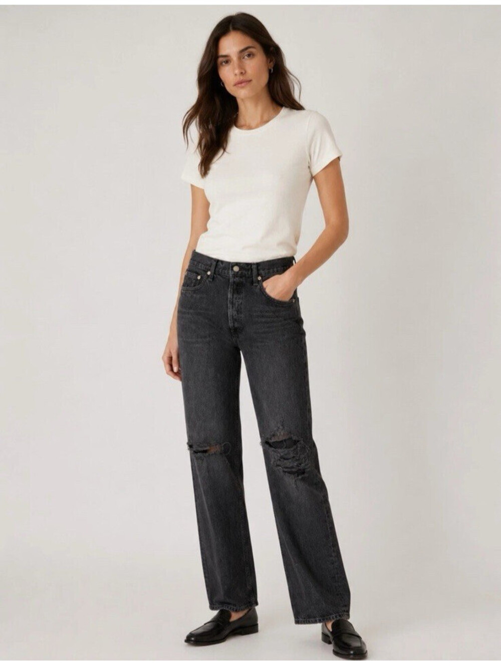 Agolde Lana Mid Rise Vintage Straight Jeans Disorder 29 Distressed Button Fly